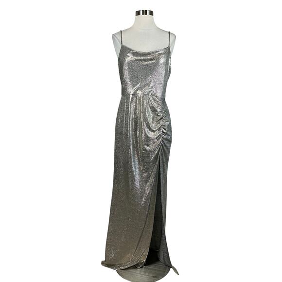 Avery G Light Gold Metallic Evening Gown Size 8 Sleeveless Thigh Slit Formal - Picture 1 of 14